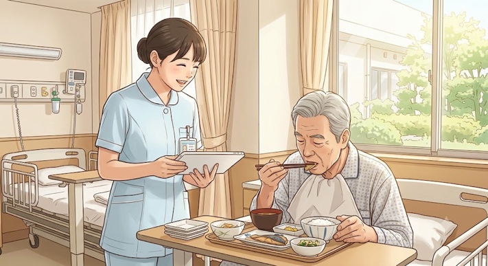 患者さんの食事場面を看護師がチェック
